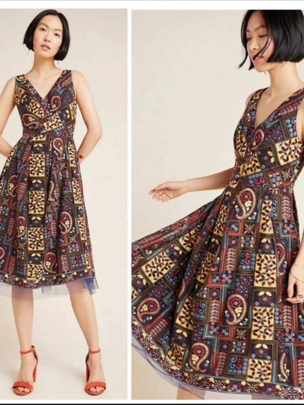 Anthropologie Eva Franco Embroidered Overlay  V~Neck & Back Sleeveless Dress